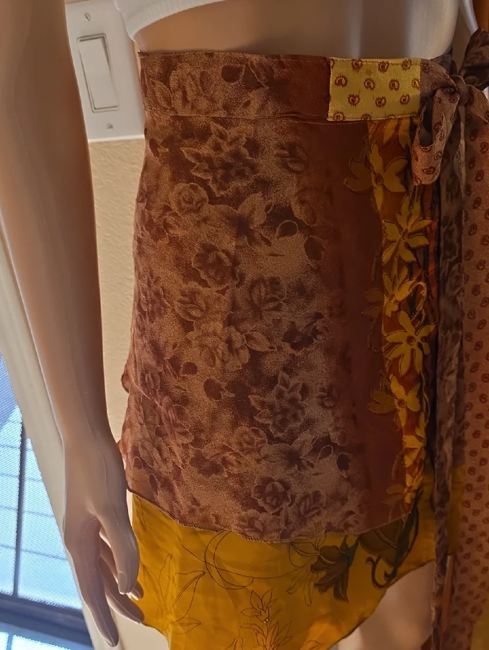 Earthbound Trading Co. Gold Burgundy  Wrap Skirt Mini Polyester Boho